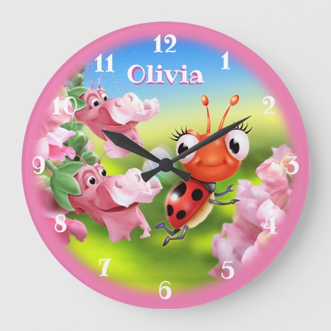 Reloj Redondo Grande Hermosa mariquita en el jardín de flores. (Anverso)