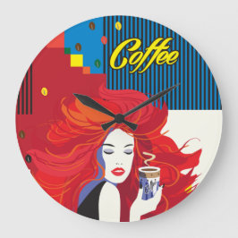 Reloj Redondo Grande "Hermosa mujer de moda con Copa de Café" Arte pop