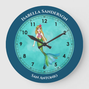 Reloj Redondo Grande Hermosa sirena con el pelo largo
