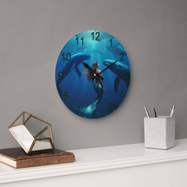 Reloj Redondo Grande Hermosa Sirenita Nadando Con Ballenas jorobadas, (Oficina)
