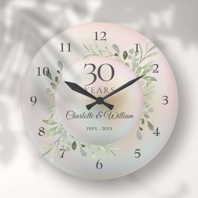 Reloj Redondo Grande Hermosa vegetación de la Perla 30 Aniversario (Beautiful Pearl 30th Anniversary Greenery Large Clock)