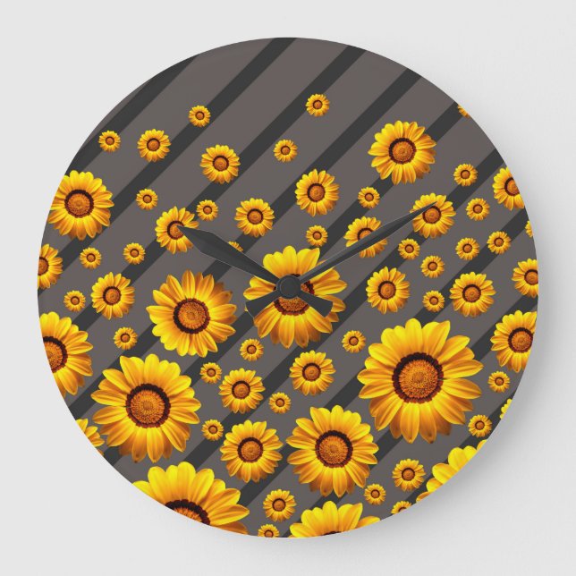 Reloj Redondo Grande Hermosas flores amarillas sobre rayas grises y neg (Anverso)