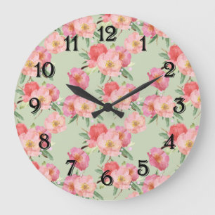 Reloj Redondo Grande Hermosas flores de jardín rosadas acuarela
