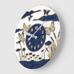 Reloj Redondo Grande Hermosas mariposas azules/doradas