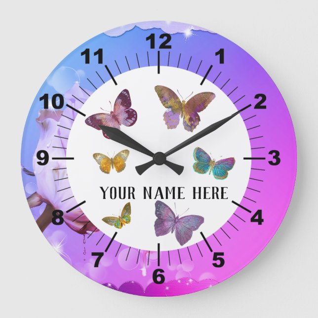 Reloj Redondo Grande Hermosas mariposas y antecedentes Rosas (Anverso)