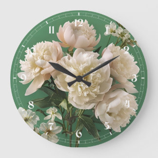 Reloj Redondo Grande Hermosas peonías blancas y rosadas sobre fondo ver