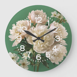 Reloj Redondo Grande Hermosas peonías blancas y rosadas sobre fondo ver