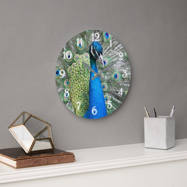 Reloj Redondo Grande Hermosas plumas de pavo real azul (Oficina)