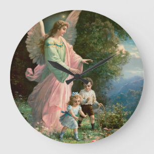 Reloj Redondo Grande Hermoso ángel guardián de niños