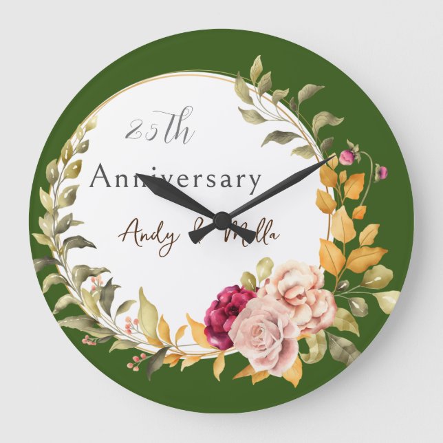 Reloj Redondo Grande Hermoso Boda elegante de flores verdes (Anverso)