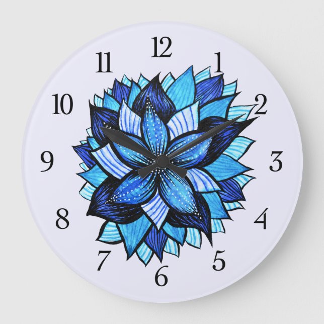 Reloj Redondo Grande Hermoso dibujo abstracto de tinta de flor azul (Anverso)