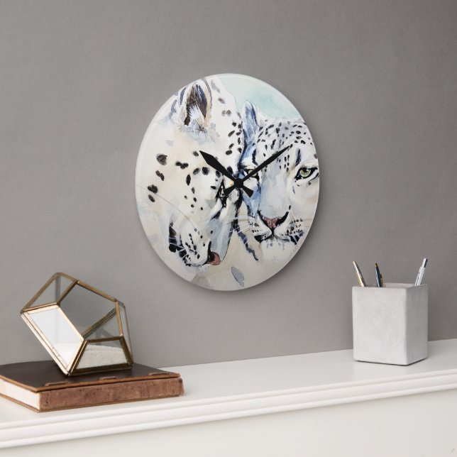 Reloj Redondo Grande Hermoso Leopardo de la Nieve Blanca (Oficina)