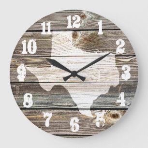 Reloj Redondo Grande Hermoso mapa rústico de Texas en madera de aspecto