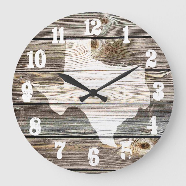 Reloj Redondo Grande Hermoso mapa rústico de Texas en madera de aspecto (Anverso)
