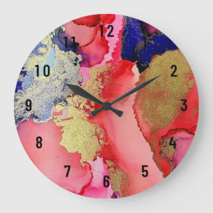 Reloj Redondo Grande Hermoso morado azul rojo dorado abstracto