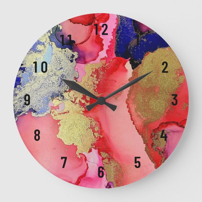 Reloj Redondo Grande Hermoso morado azul rojo dorado abstracto (Anverso)