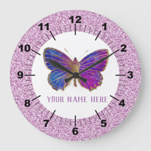 Reloj Redondo Grande Hermoso morado: Mariposa dorada