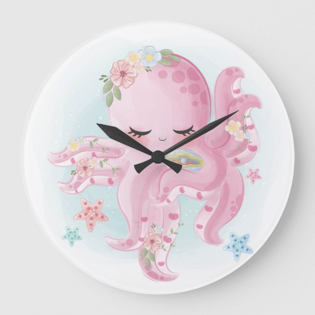 Reloj Redondo Grande Hermoso Octopus Rosa (Anverso)