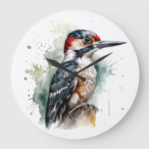 Reloj Redondo Grande Hermoso pájaro carpintero sentado en un poste de m