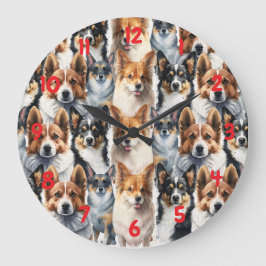 Reloj Redondo Grande Hermoso patrón de perro Corgi en acuarela