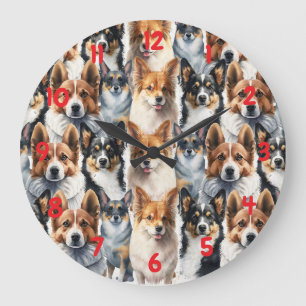 Reloj Redondo Grande Hermoso patrón de perro Corgi en acuarela