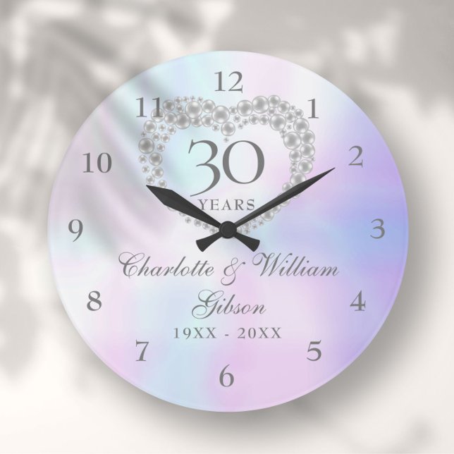 Reloj Redondo Grande Hermoso Pearl Heart 30 Aniversario (Beautiful Pearl Heart 30th Anniversary Large Clock)