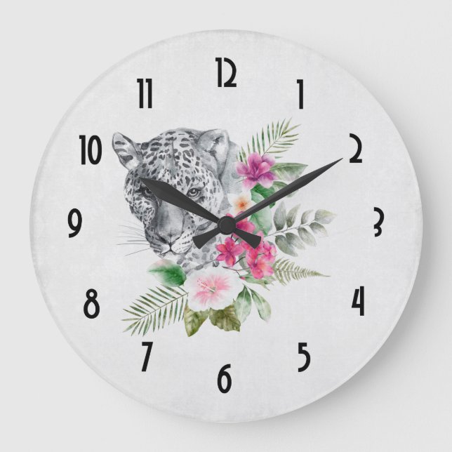Reloj Redondo Grande Hermoso retrato de cabeza de leopardo en acuarela (Anverso)