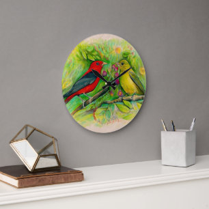 Reloj Redondo Grande Hermoso Scarlet Tanagers Watercolor Art