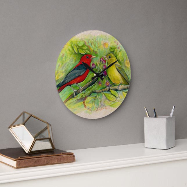 Reloj Redondo Grande Hermoso Scarlet Tanagers Watercolor Art (Oficina)