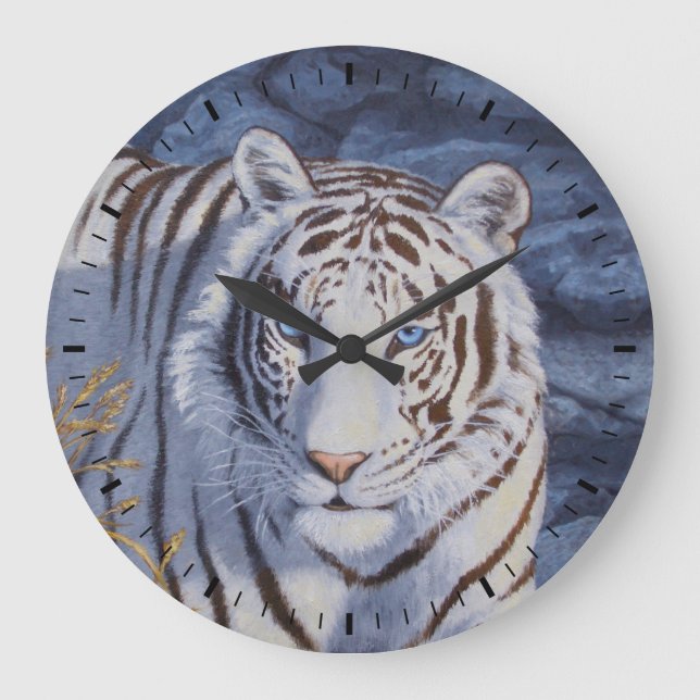 Reloj Redondo Grande Hermoso tigre blanco con ojos azul cristal (Anverso)