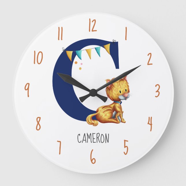 Reloj Redondo Grande Hermoso vivero de gato con monograma  (Anverso)