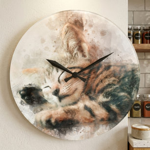 Reloj Redondo Grande Hermoso y lindo gatito durmiendo acuarela
