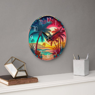 Reloj Redondo Grande hermosos árboles de palma coloridos casa de playa