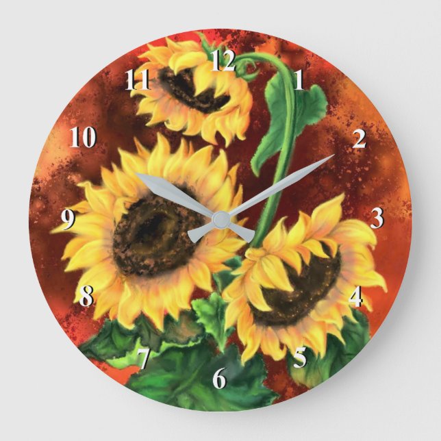 Reloj Redondo Grande Hermosos tres girasoles - Pintura de arte mezclado (Anverso)