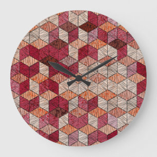 Reloj Redondo Grande Hexagones bordados: Impresión de arte bohemio.