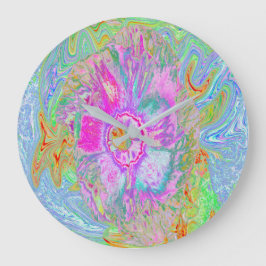 Reloj Redondo Grande Hibiscus psicodélico de rosa caliente y ultraviole