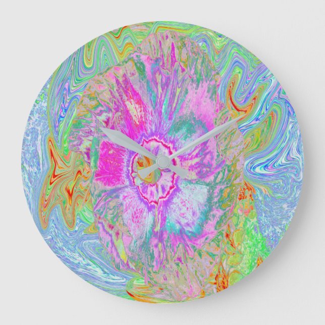 Reloj Redondo Grande Hibiscus psicodélico de rosa caliente y ultraviole (Anverso)