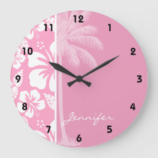 Reloj Redondo Grande Hibiscus tropical rosa de clavel; Palm de verano