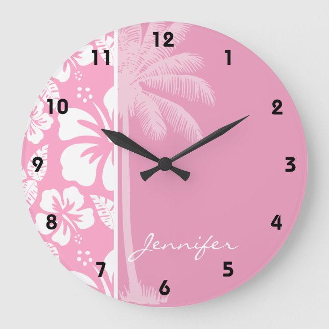 Reloj Redondo Grande Hibiscus tropical rosa de clavel; Palm de verano (Anverso)