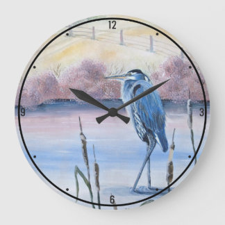 Reloj Redondo Grande Hidden Valley Blue Heron Pastel Gallery Lake Art