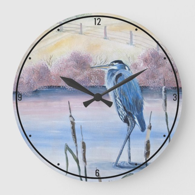 Reloj Redondo Grande Hidden Valley Blue Heron Pastel Gallery Lake Art (Anverso)