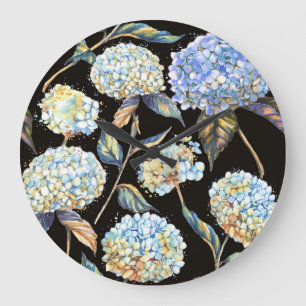 Reloj Redondo Grande Hidrangea Azul Acuarela: Patrón oscuro sin foco