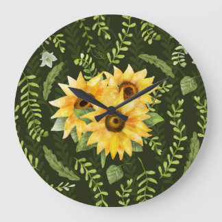 Reloj Redondo Grande Hierbas de girasoles deja patrón acuático