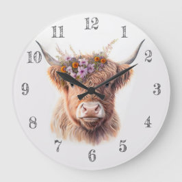 Reloj Redondo Grande Highland Cow with Floral Crown Watercolor Illustra