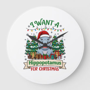 Reloj Redondo Grande Hipopótamo Navidad Hipopótamo Sombrero Santa Árbol