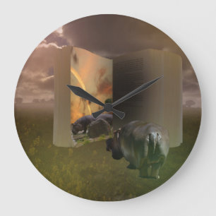 Reloj Redondo Grande Hippopótamo Se Enamoró Del Libro De Historia,