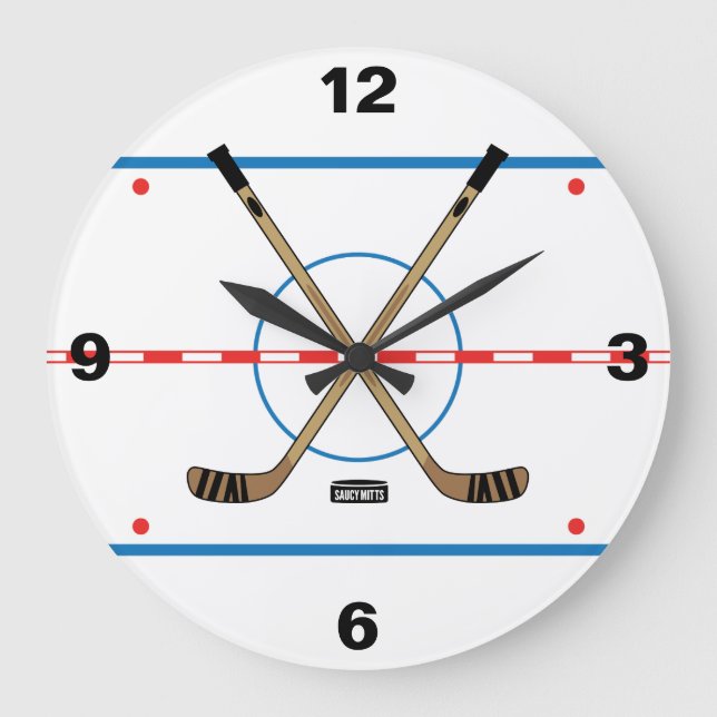Reloj Redondo Grande Hockey Rink Hockey Sticks Center Ice room decor (Anverso)