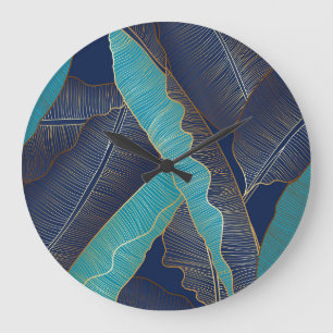 Reloj Redondo Grande Hoja de Banana Dorada: Patrón de Lujo.