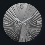 Reloj Redondo Grande Hoja de palma cromada Art Déco<br><div class="desc">Patrón Art Déco basado en una hoja de palma estilizada,  representada en un efecto 3d en color plata cromado</div>