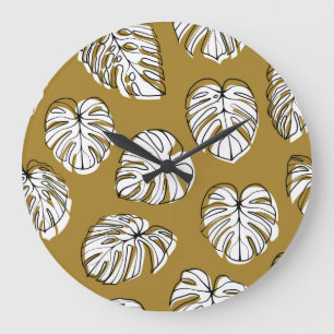 Reloj Redondo Grande Hoja Monstera, Patrón Textil Sin Marea.